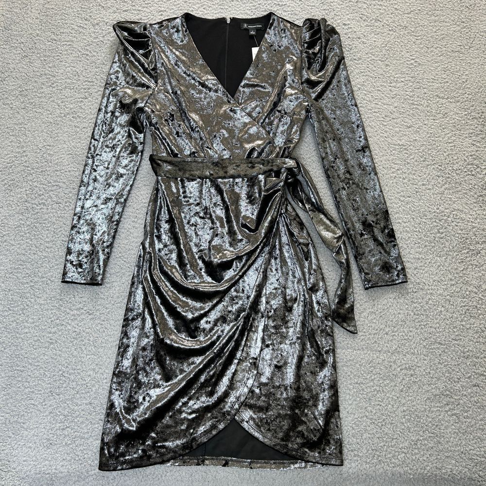 INC Dress Womens Small Dark Shimmering‎ Gray Velvet Puff Sleeves Surplice V Neck